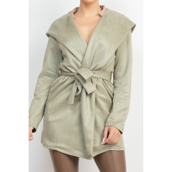 Suede Hooded Waist-tie Belt Jacket - Picture 3 of 7